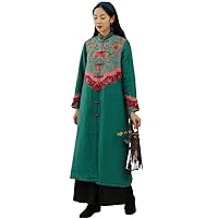 Long coat winter for style 100% linen embroidery cotton-padded green8 Stand collar buckle quilted jacket