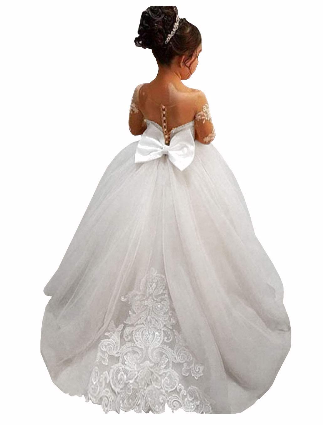 GZY White Ivory Lace Long Sleeve Flower Girl Dresses Princess Gown Pageant Dress GZY202