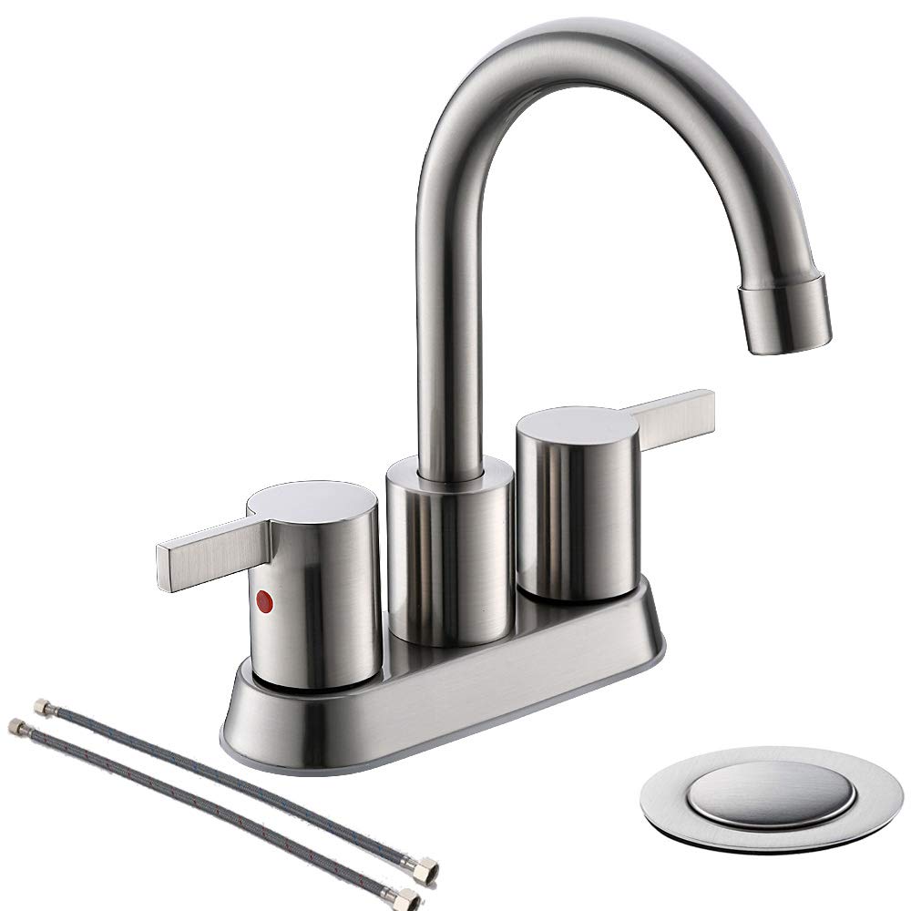 phiestina Brushed Nickel 4 Inch 2 Handle Centerset Lead-Free Bathroom Sink Faucet, with Copper Pop Up Drain and 2 Water Supply Lines, BF015-1-BN