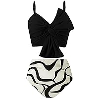 AONTUS Women Two Piece Bandeau Bikini Smocked High Waisted Swimsuit Cute Bathing Suit with Bottoms