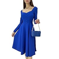 Blue Midi Long Sleeve Knee Lenght A-Line Dress