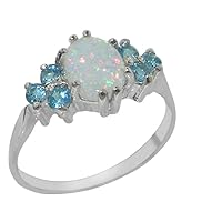 925 Sterling Silver Real Genuine Opal and Blue Topaz Womens Band Ring