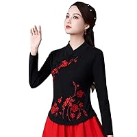 Cheongsam Women' Plus Size Cotton Blend Embroidery Long Sleeve Stand Collar Chinese Style Qipao Shirts Woman