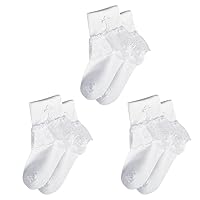 ACSUSS 3 Pairs Baby Boys Girls Ankle Socks Pure White Flower Lace Ruffle Christening Socks with Cross