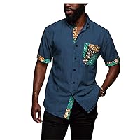 African Shirts for Men Denim Thin Shirt Short Sleeve Pockets Slim Slight Elastic Jeans Cowboy Shirt Clothing Crop Top