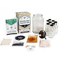 Kombucha Deluxe Starter Kit - For Home Brewing - Includes Kombucha Kit and SCOBY, plus 8 16oz Reusable Kombucha Bottles, Stainless Funnel and Strainer, and PH test Strips