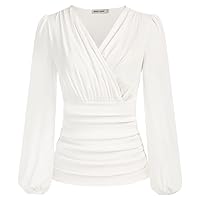 GRACE KARIN 2024 Womens Tops Summer Elegant Wrap Blouse V Neck Long Sleeve Casual Ruched Top