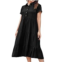 Women Cotton Linen Cuffed Short Sleeve Shirt Dress Summer Tiered Ruffle High Waist Babydoll Flowy Solid A-Line Dress