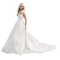 Tsbridal Short Sleeves Modest Wedding Dress Ivory Lace Appliques Crystal Sashes A-Line Bride Gowns Sweep Train