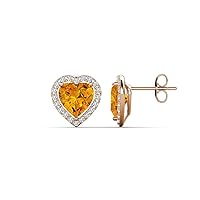Heart Shape Citrine & Round Natural Diamond 2.38 ctw Women Heart Shape Halo Stud Earrings 14K Gold