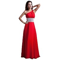 Red One Shoulder Open Back Chiffon Prom Dress With Embellished Waistband