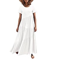 Maxi Dress for Women 2024 Summer Flowy Asymmetric Tiered Swing Beach Dresses Casual Crewneck Short Sleeve Long Dress