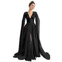 Women's Tulle Prom Dresses with Cape V Neck Lace Applique Ball Gowns Long Slit Formal Evening Dresses with Pockets