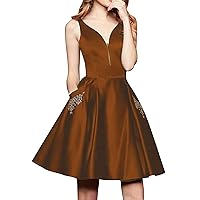 Women's Beads V Neck Satin with Pocket Homecoming Dress Sleeveless Backless Cocktail Dress Brown