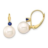 14k Gold 8 8.5mm White Round Freshwater Cultured Pearl Sapphire Leverback Earrings Measures 19.24mm lon Jewelry Gifts for Women