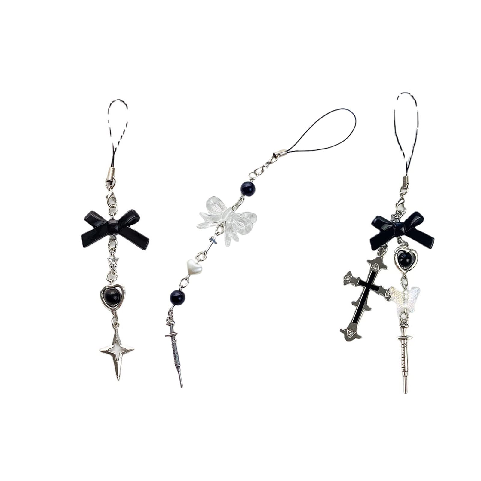 hejhncii Phone Charm Strap Keychain Kawaii-Cute Keychain Lanyard String Black Cross-Bow Beaded Chain Lanyard Y2K