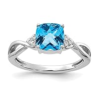 14k White Gold Checkerboard Blue Topaz and Diamond Ring Size 7.00 Jewelry for Women