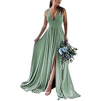 a line Chiffon Bridemaid Dresses Spaghetti Straps v Neck Women's Formal Dress with Pleated