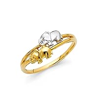 Solid 14k Yellow & White Gold Two Elephants Ring Lucky Charm Band Polished Fancy Two Tone 8MM, Size 9