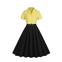 Women Notched Collar Button Up Belted Formal Dresses Vintage Splicing Swing Dresses