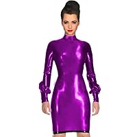 Gothic PVC Faux Leather Bodycon Dress Sexy Turtleneck Lantern Sleeve Vinyl Dress Back Zipper Nightclub Mini Dress Clubwear