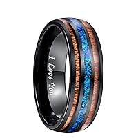 8mm Black Dome Acacia Wood Men Ring Blue Opal Tungsten Carbide Ring Romantic Wedding Engagement Ring