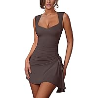Lrady Womens Sexy Square Neck Bodycon Sleeveless Ruched Side Drawstring Flare Mini Party Club Short Dress