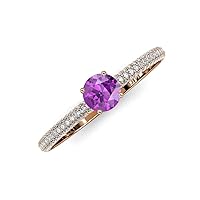 Round Amethyst Natural Diamond 1 1/3 ctw Women 3 Row Micro Pave Shank Engagement Ring 14K Gold