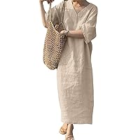Women's Linen Maxi Dress Solid Plus Size Linen Long Dresses V Neck Half Sleeves Loose Fit Linen Shirt Dresses