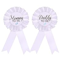 CoolerthingsDG, Daddy to be & Mommy to be Tinplate Badge Pin - Baby Shower Button New Dad Gifts Gender Reveals Party Baby BOY White Rosette Button Baby Celebration ( White, Blue footprint)