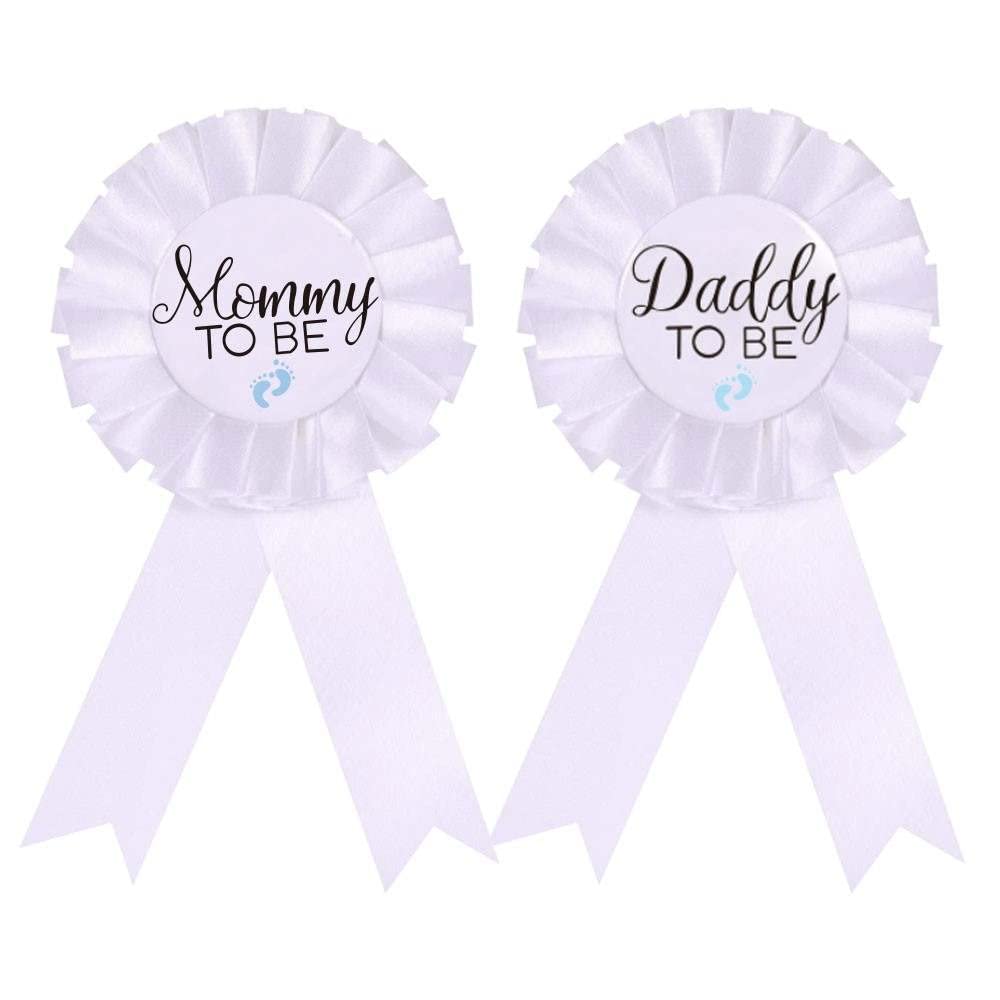 CoolerthingsDG, Daddy to be & Mommy to be Tinplate Badge Pin - Baby Shower Button New Dad Gifts Gender Reveals Party Baby BOY White Rosette Button Baby Celebration ( White, Blue footprint)