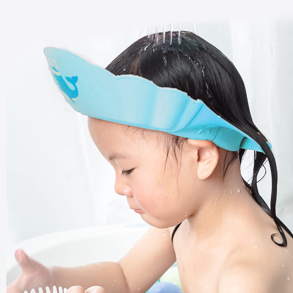BORNINX Baby Shower Cap Silicone Bathing Hat Hair Washing Hat Waterproof Shampoo hat .Adjustable Shower Cap for Toddler Children（Seawater Blue，Head Circumference 15-24inch）