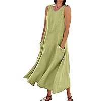 Women's Fashion Casual Solid Colour Sleeveless Cotton Linen Pocket Boho Dress 2024 Trendy Beach Sundress