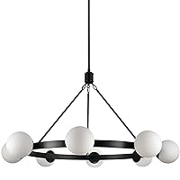 Linea di Liara Caserti 8 Light Black Chandelier Light Fixture Mid Century Modern Globe Round Chandeliers for Dining Room Over Table Living Room Foyer Wagon Wheel Chandelier, Frosted Glass UL Listed