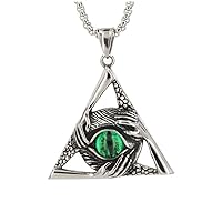 Punk Biker Stainless Steel Green Evil Eye Necklace Protection Hands Triangle Pendant Vintage Good Luck Necklaces for Men Women, 24 inch Chain