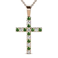 Green Garnet & Natural Diamond (SI2-I1, G-H) Cross Pendant 0.53 ctw 14K Gold. Included 16 Inches 14K Gold Chain.