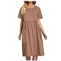 Women's Homecoming Dresses Sleeve Pocket Fold Loose Fit Solid Color Knee Length Dress Forest Fairy Costume, S-5XL