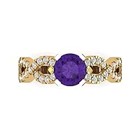 1.32ct Round Cut Solitaire Natural Amethyst gemstone designer Modern Statement with accent Ring Real Solid 14k 2 tone Gold