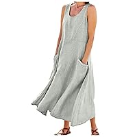 Summer Dress for Women 2024 Plus Size Sundress Floral Crewneck Sleeveless Dress Cotton Linen Beach Dress with Pockets