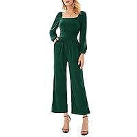 GRACE KARIN Women Casual Square Neck Long Sleeve Wide Leg Jumpsuits with Pockets