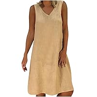 Cotton Linen Dresses for Women Casual Summer V Neck Sleeveless Tank Dress Solid Color Short Mini Dress Loose Beach Sundress