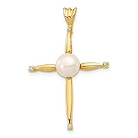 14k Gold 6 7mm White Button Freshwater Cultured Pearl .02ct Diamond Religious Faith Cross Pendant Necklace Jewelry Gifts for Women