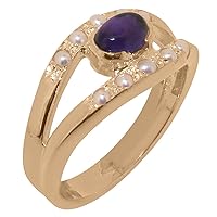 LBG 18k Rose Gold Natural Amethyst Cultured Pearl Womens Band Ring - Sizes 4 to 12 Available