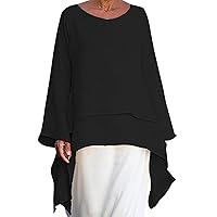 Women Linen Fashion Flowy High-Low Hem Tunic Tops Summer Long Sleeve Crewneck Casual Loose Solid Patchwork Tee Shirt