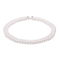 JYX Pearl Necklace Double-Row 8mm Flatly-Round Freshwater Cultured Pearl Necklace for Women 16