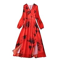 Long Sleeve Autumn Dresses for Women V Neck Print Midi Holiday Dress Women's Casual Vintage Aline