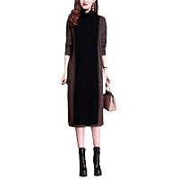 Women Turtleneck Knitted Dress Long Sleeve Contrasting Colors Straight Drum Dress Loose Knee Length Dress