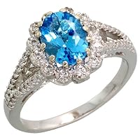 14k White Gold Stone Ring, w/ 0.22 Carat Brilliant Cut Diamonds & 1.36 Carats 8x6mm Oval Cut Blue Topaz Stone, 7/16
