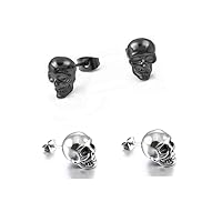 2 Pairs Punk Stainless Steel Stud Skull Earrings Fashion Style Cupimatch Silver Black Rock Ear Piercing Earrings For Mens Women