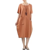 Mordenmiss Women's Cotton Linen Dresses Short Sleeve Baggy Loose Summer Clothing w/Hi-Low Pockets
